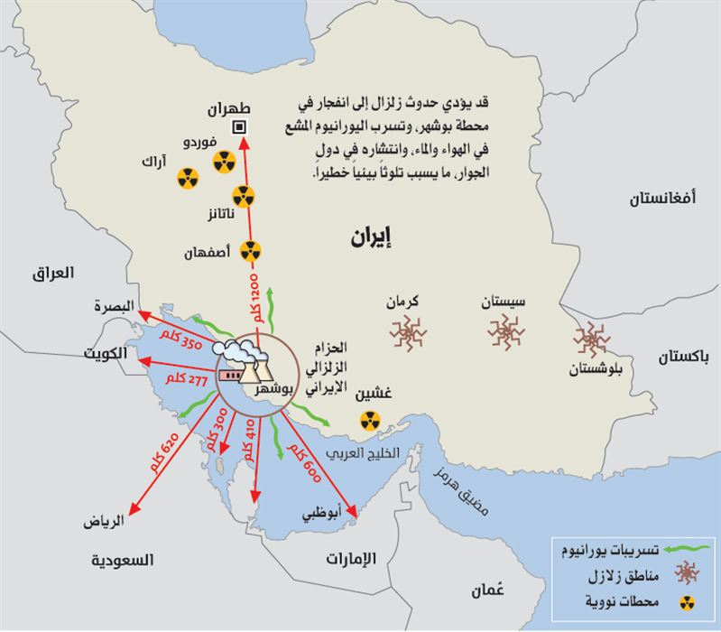 خريطة توضح علاقة المفاعلات النووية الإيرانية بالزلازل