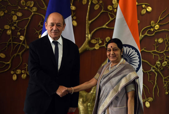 وزير خارجية فرنسا يصافح نظيرته الهندية