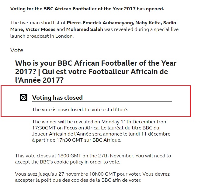 إغلاق التصويت عى الفوز بجائزة أفضل لاعب فى أفريقيا