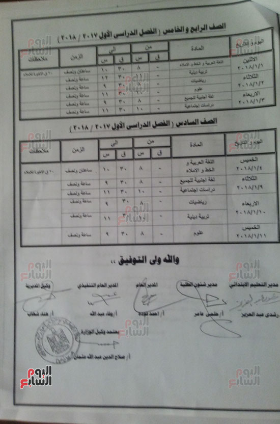  جدول امتحان الصف الرابع والخامس والسادس الإبتدائي