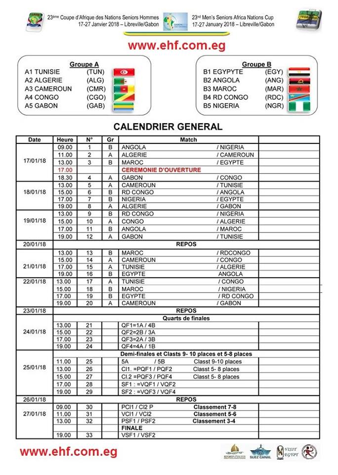 جدول مباريات البطولة الافريقية لليد