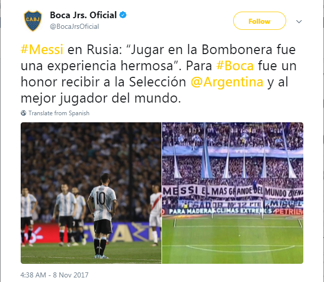 حساب بوكا جونيورز الأرجنتينى ورسالة خاصة إلى ميسي