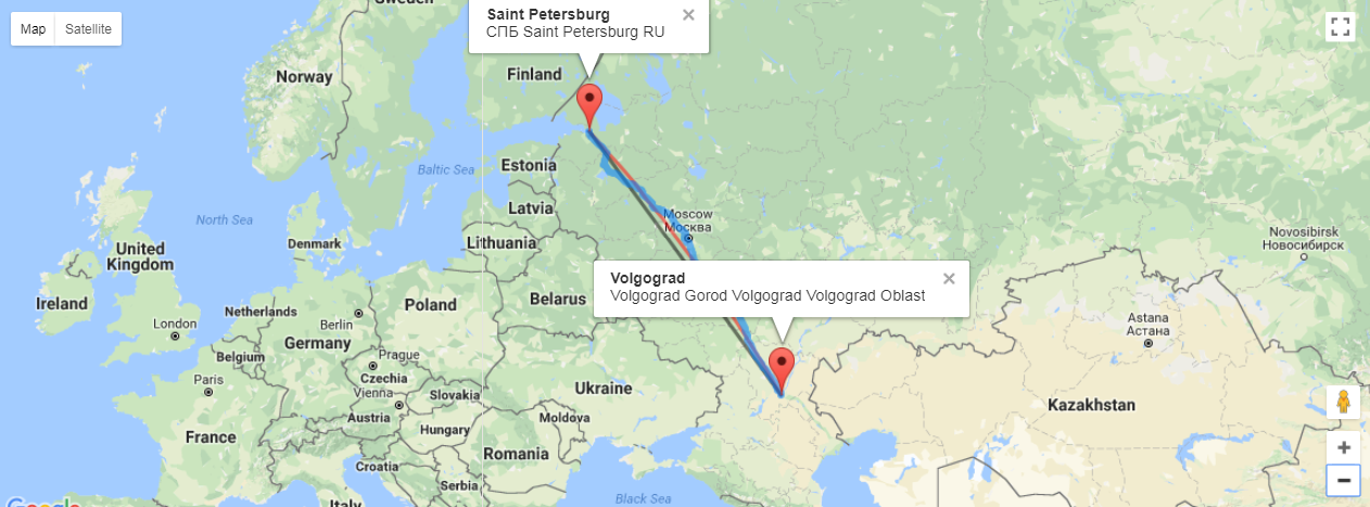 المسافة بين سان بطرسبرج وفولجوجراد