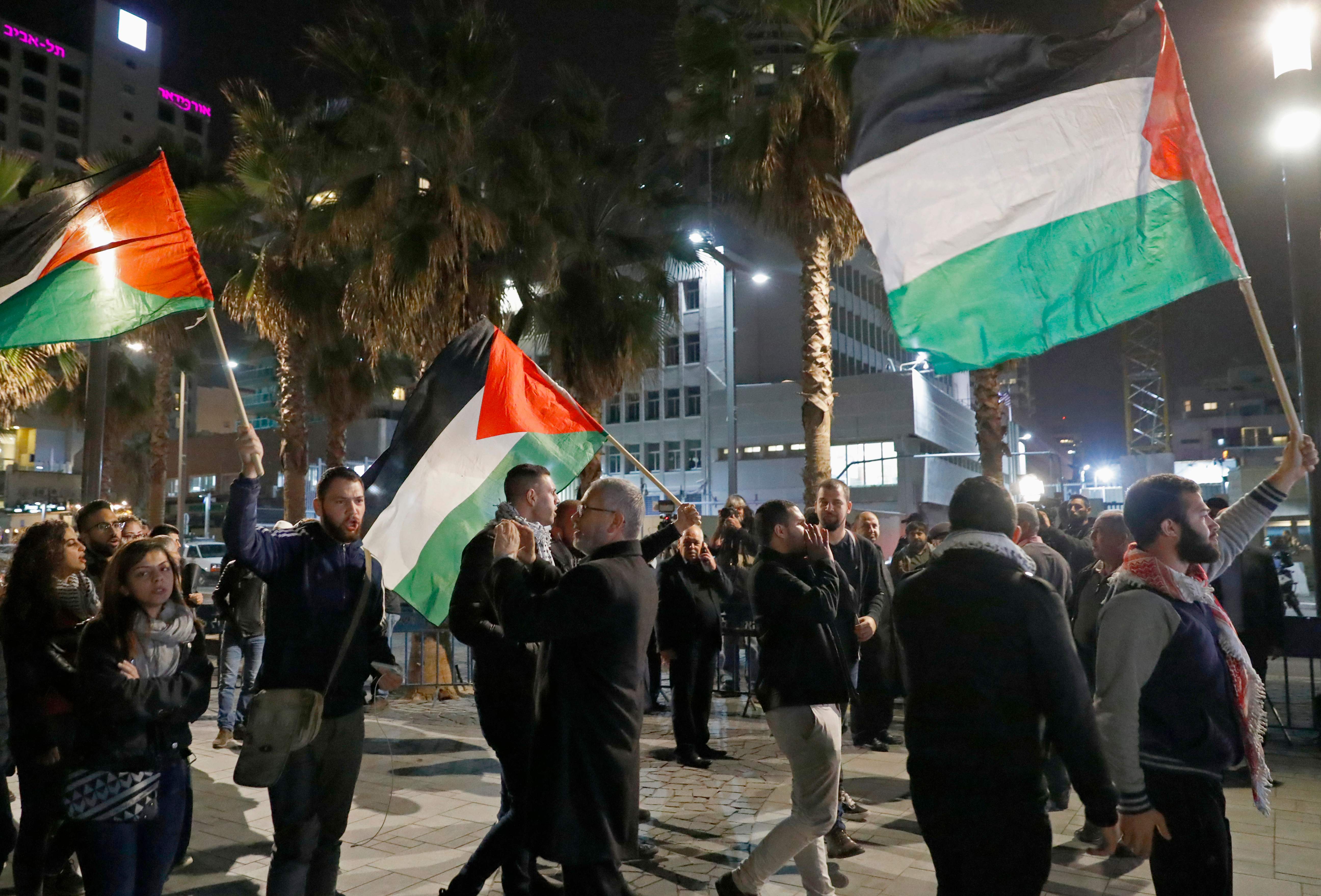 متظاهرون يرفعون الاعلام الفلسطينية