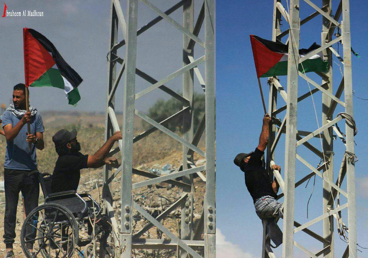 الشاب الفلسطينى أثناء صعوده لوضع العلم