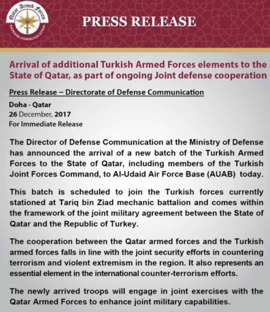 بيان وزارة الدفاع القطرية وتفاخرها بتواجد القوات التركية فى الدوحة