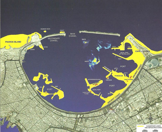 خريطة الميناء الشرقى توضح أماكن الاثار الغارقة