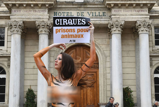موديل برازيلية تتظاهر فى فرنسا ضد المعاملة غير الانسانية ضد حيوانات السيرك