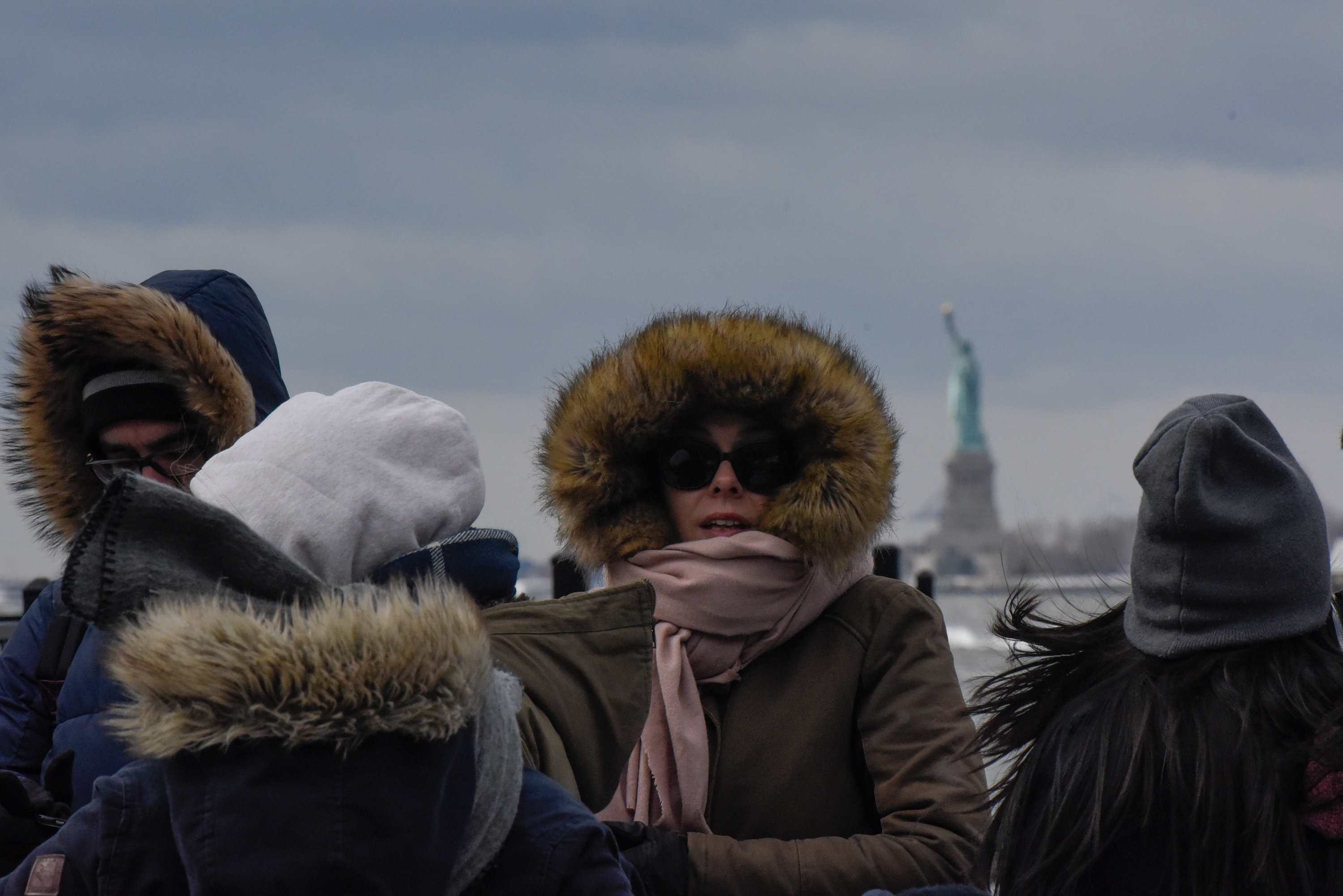 مجموعة من الناس تقف بالقرب من تمثال الحرية وسط الثلوج