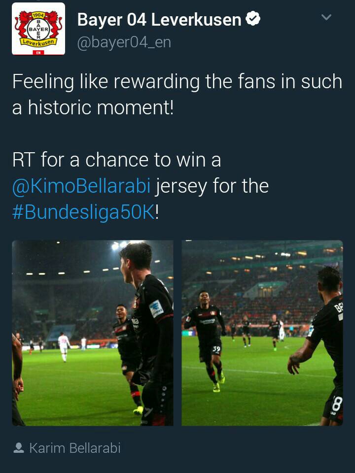 حساب بايرليفركوزن عبر تويتر يحتفل بالهدف 50000 في تاريخ البوندزليجا الذي احزه لاعب الفريق كريم بلعربي