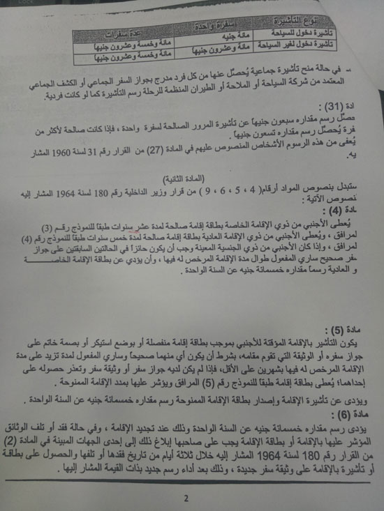 تعديلات قرارات وزير الداخلية حول تأشيرات ورسوم دخول وخروج الأجانب