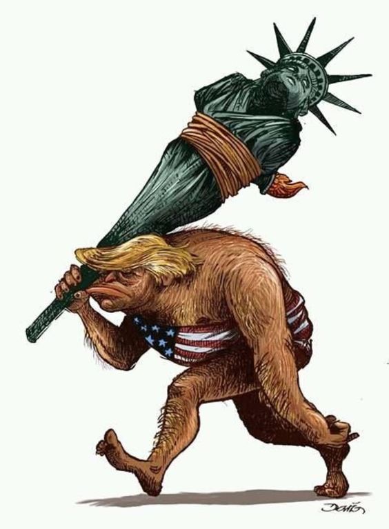 كاريكاتير لترامب وهو يحمل تمثال الحرية