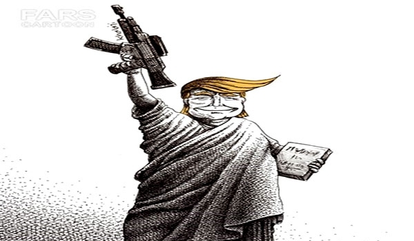 كاريكاتير يعبر عن استمرار ترامب فى نزعته  الحربية