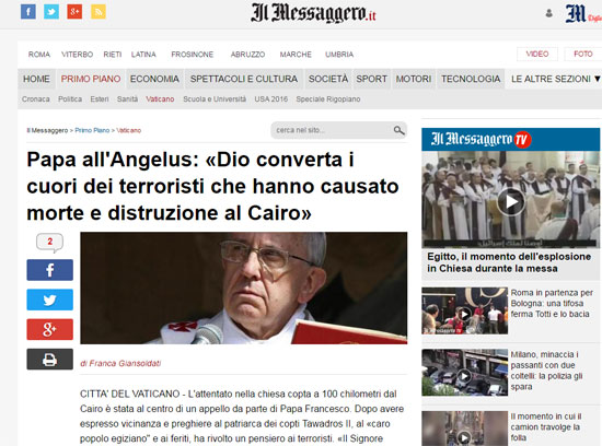 صحف إيطالية عن زيارة بابا الفاتيكان لمصر بعد حادثى طنطنا والإسكندرية لن تلغى