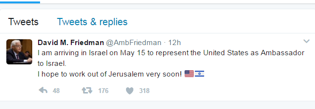 تغريدة السفير الأمريكى الجديد بإسرائيل