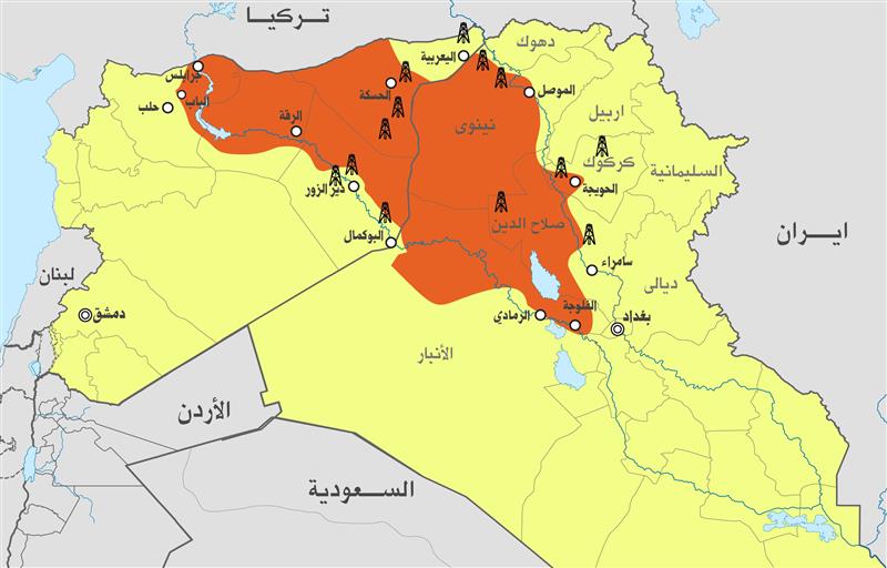 مناطق نفوذ داعش فى سوريا والعراق مظللة باللون البرتقالى