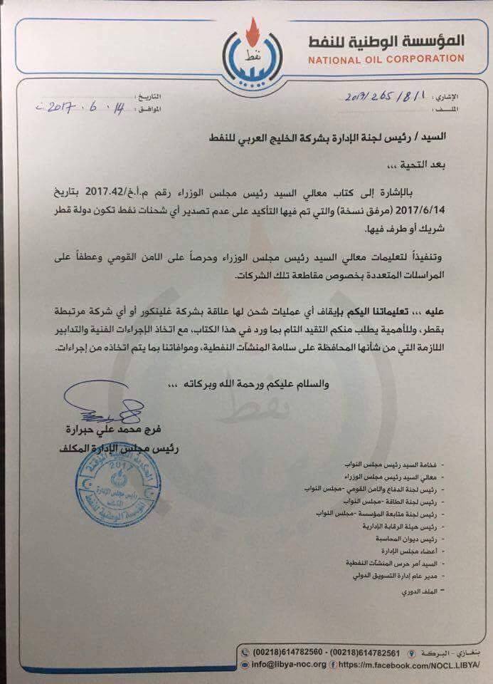 خطاب المؤسسة الوطنية للنفط الليبية لشركة الخليج العربى