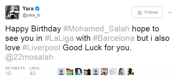 يارا لصلاح فى عيد ميلاده نأمل رؤيتك مع برشلونة فى الليجا لكنى أحب ليفربول أيضا