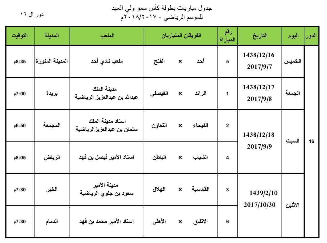 جدول مباريات دور الـ 16 في كأس ولي العهد السعودي