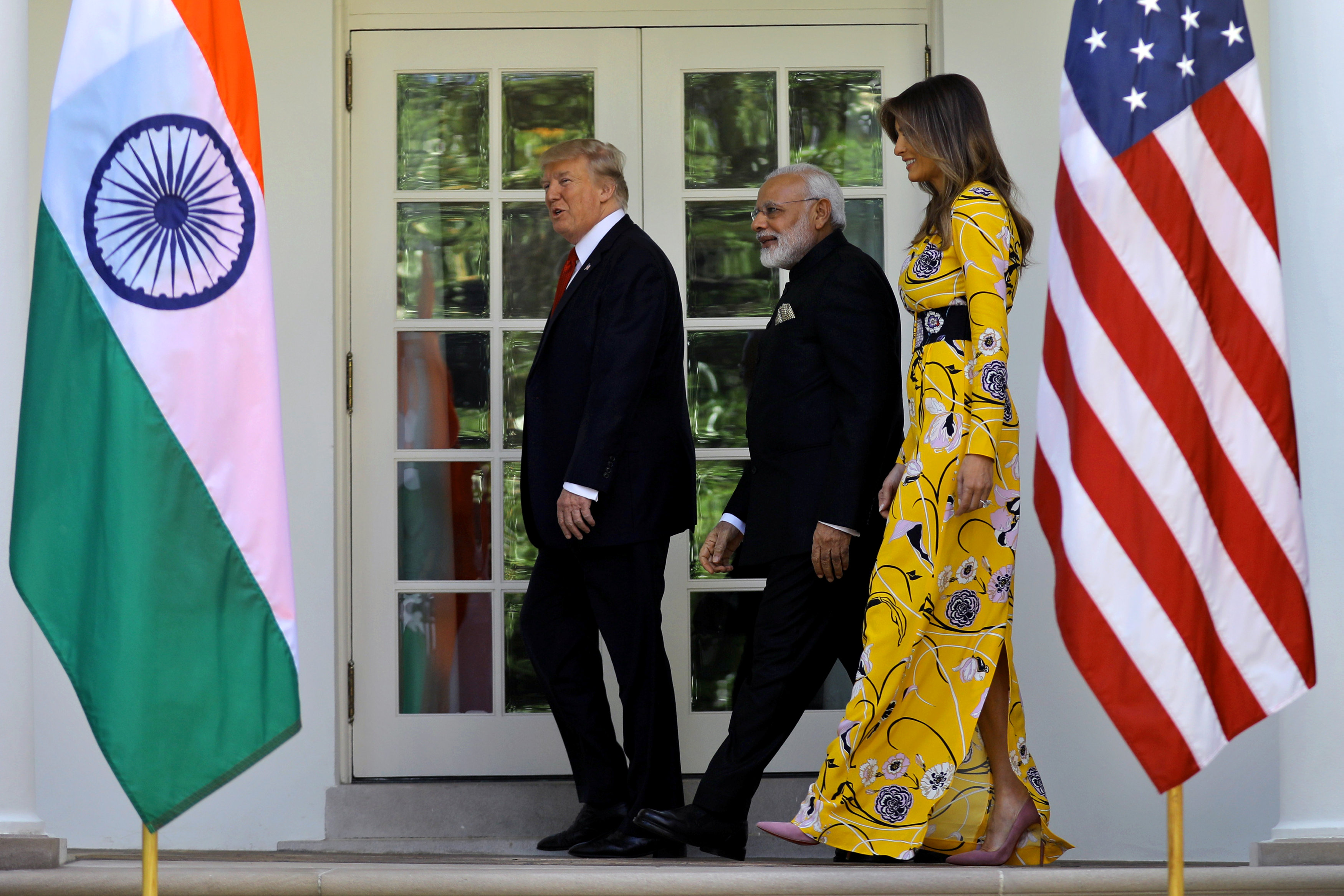 الرئيس دونالد ترامب ورئيس وزراء الهند ناريندرا مودى وزوجة ترامب