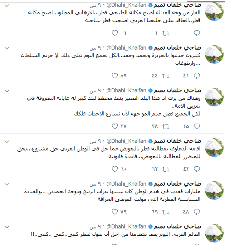 تدوينات ضاحى خلفان عن مطالبة قطر بدفع تعويضات عن جرائمها