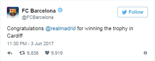 تغريدة برشلونة لتهنئة ريال مدريد بلقب دوري الابطال