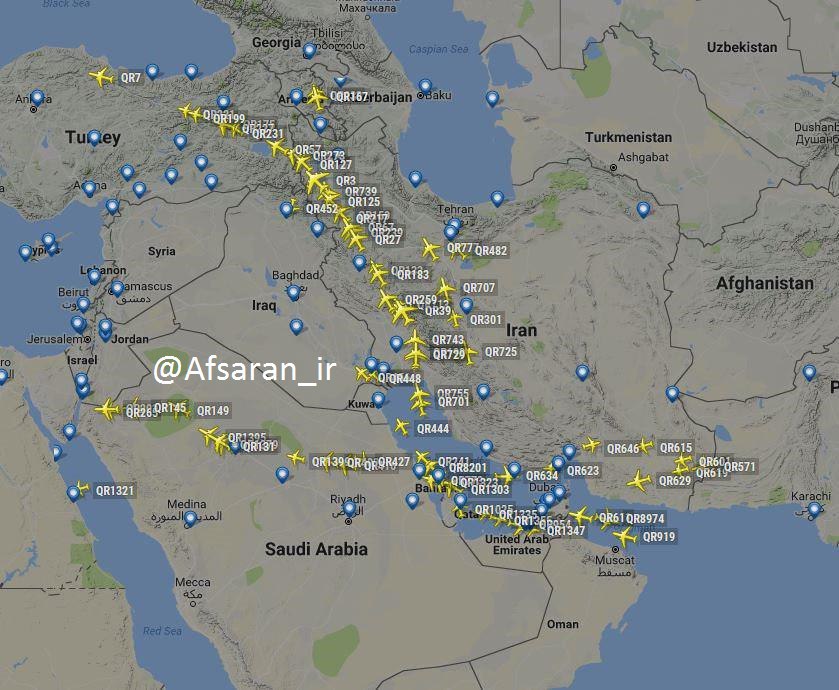 صورة لتكدس الطائرات القطرية فى المجال الجوى لإيران