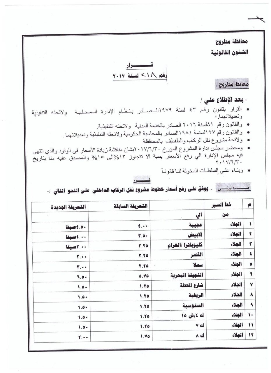 تعريفة المواصلات الجديدة لمحافظة مطروح  (1)