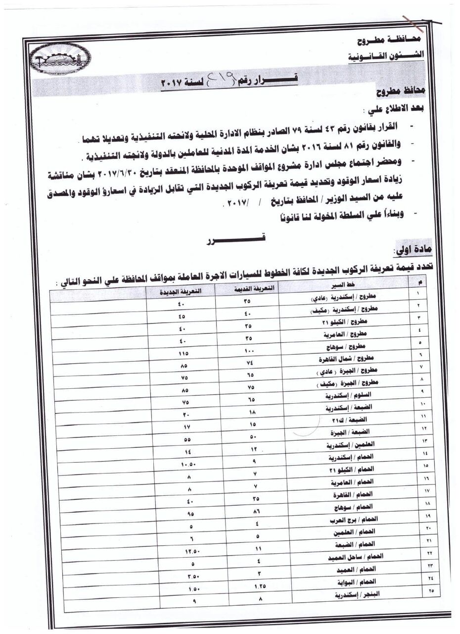 تعريفة المواصلات الجديدة لمحافظة مطروح  (3)