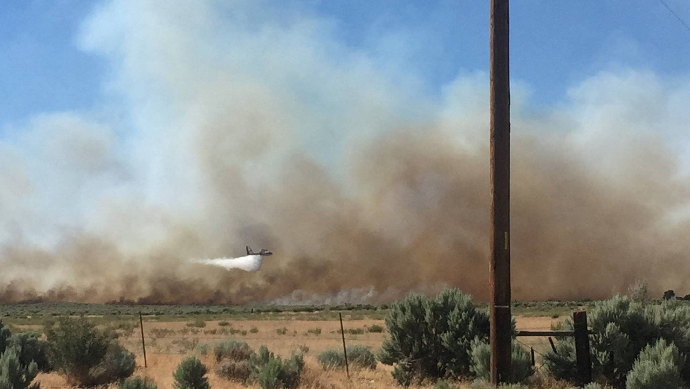 طائرة اطفاء تدخل وسط أعمدة الدخان المتصاعدة من النيران