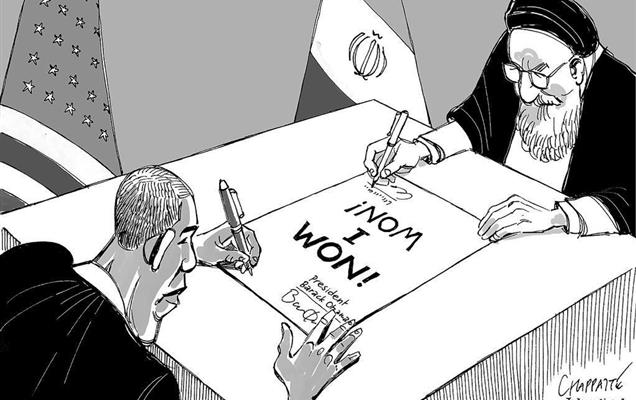 رسمة كاريكاتورية توضح العلاقة بين أوباما وإيران