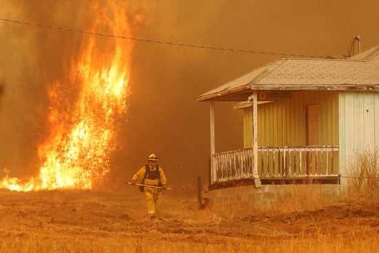 أحد رجال الإطفاء يهرب من النيران الشديدة فى غابات كاليفورنيا