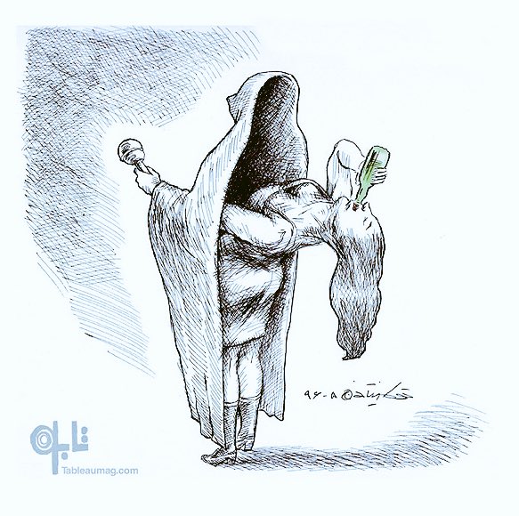 كاريكاتير يوضح القويد المفروضة على المرأة