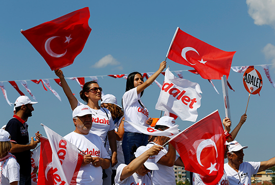 متظاهرون يرفعون العلم التركى