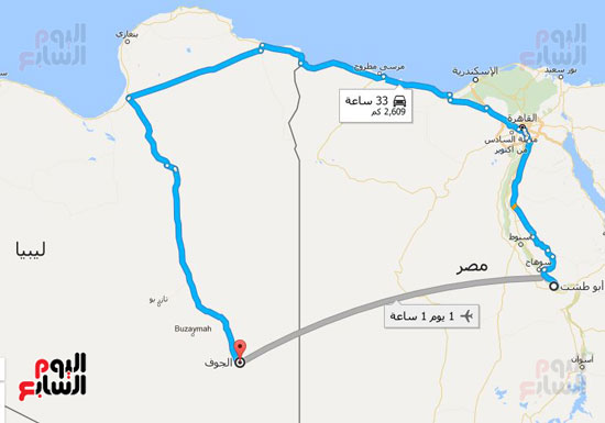 صورة توضح المسافة من أبوتشت حتي أول مدينة بليبيا بمسافة 25 ساعة