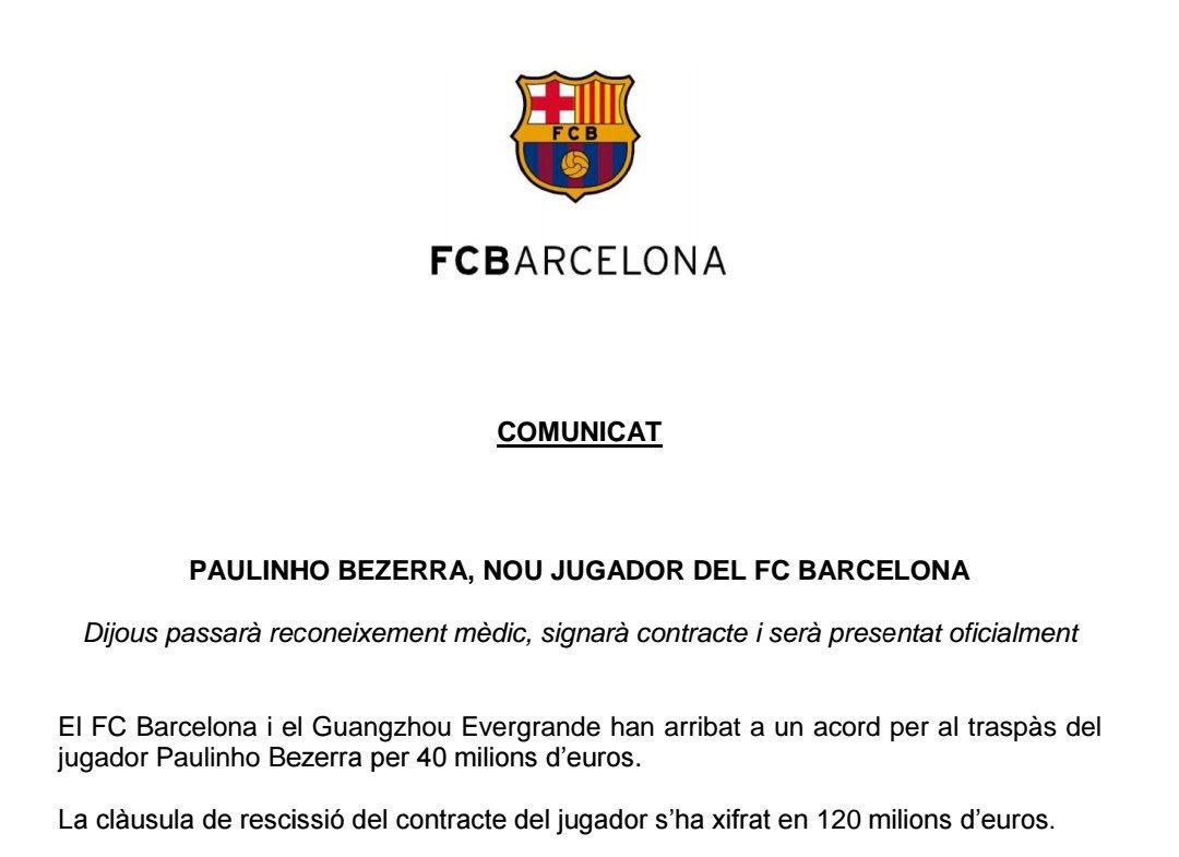 بيان برشلونة الرسمى عن اتمام صفقة باولينيو