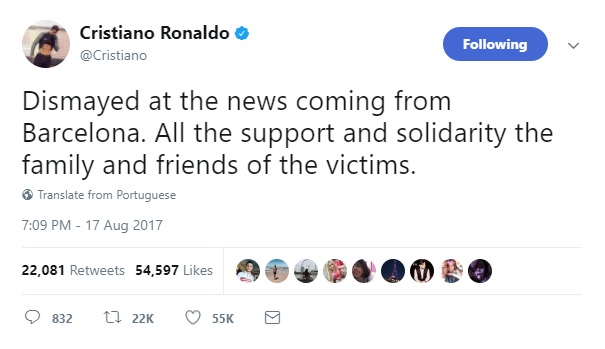 تغريدة كريستيانو رونالدو لنعى ضحايا حادث برشلونة
