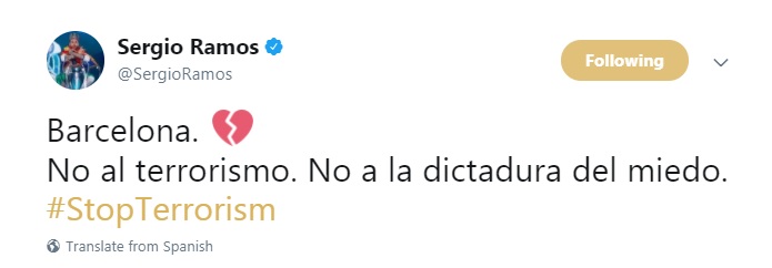 سيرجيو راموس قائد ريال مدريد ينعى ضحايا برشلونة