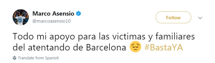 ماركو أسينسيو لاعب ريال مدريد ينعى ضحايا برشلونة