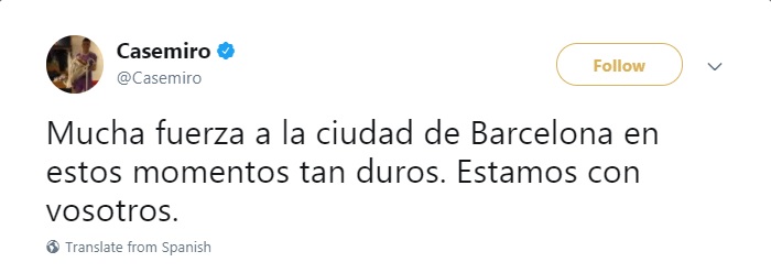 كاسيميرو لاعب ريال مدريد ينعى ضحايا برشلونة