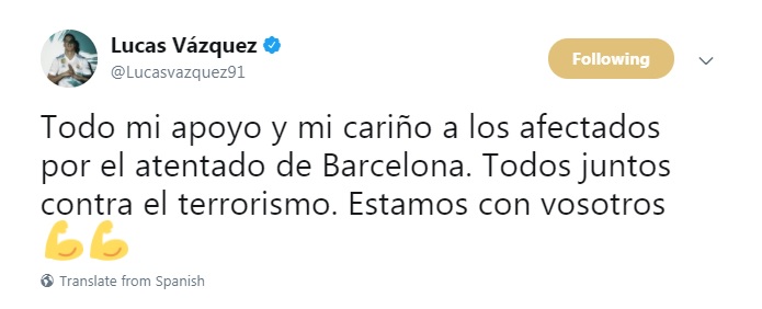 لوكاس فاسكيز لاعب ريال مدريد ينعى ضحايا برشلونة