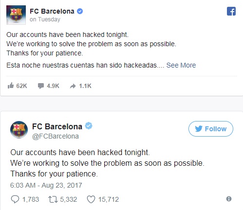 اختراق حساب برشلونة على فيس بوك وتويتر