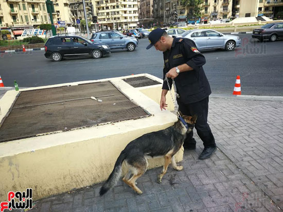 شرطى و بصحبته كلب بوليسى لاجراء عمليات تمشيط