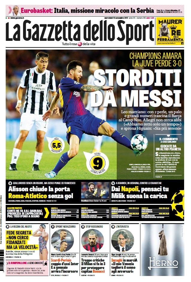 هزيمة يوفنتوس أمام برشلونة تتصدر غلاف صحيفة لاجازيتا ديللو سبورت