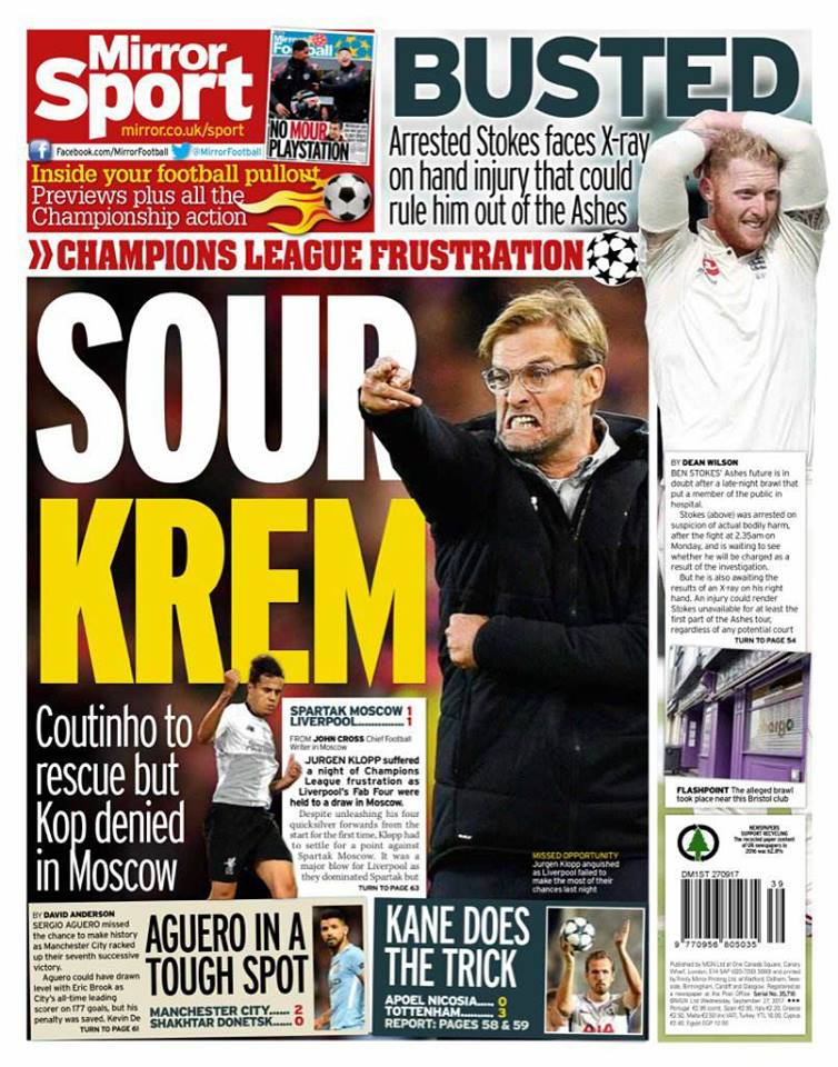 كلوب مدرب ليفربول يتصدر غلاف صحيفة ميرور البريطانية