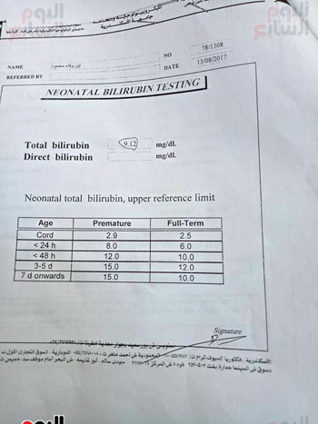 جانب من التحاليل التي اجريت للطفل عقب دخله الحضان تؤكد سلامته 