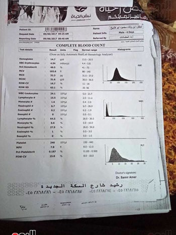 صورة التحاليل التي أجريت للطفل قبل نقله للحضان تؤكد سلامته من أي مكروب 