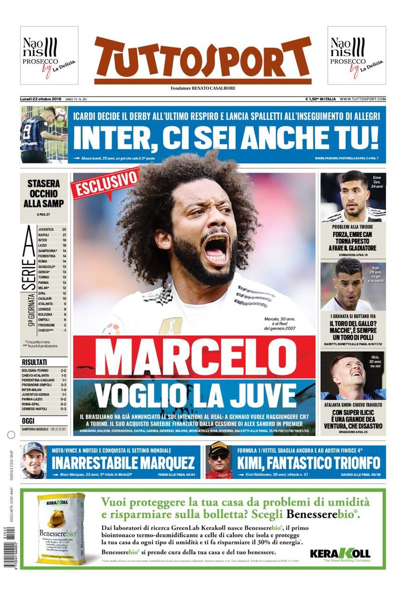 مارسيلو يتصدر غلاف صحيفة توتو سبورت الايطالية