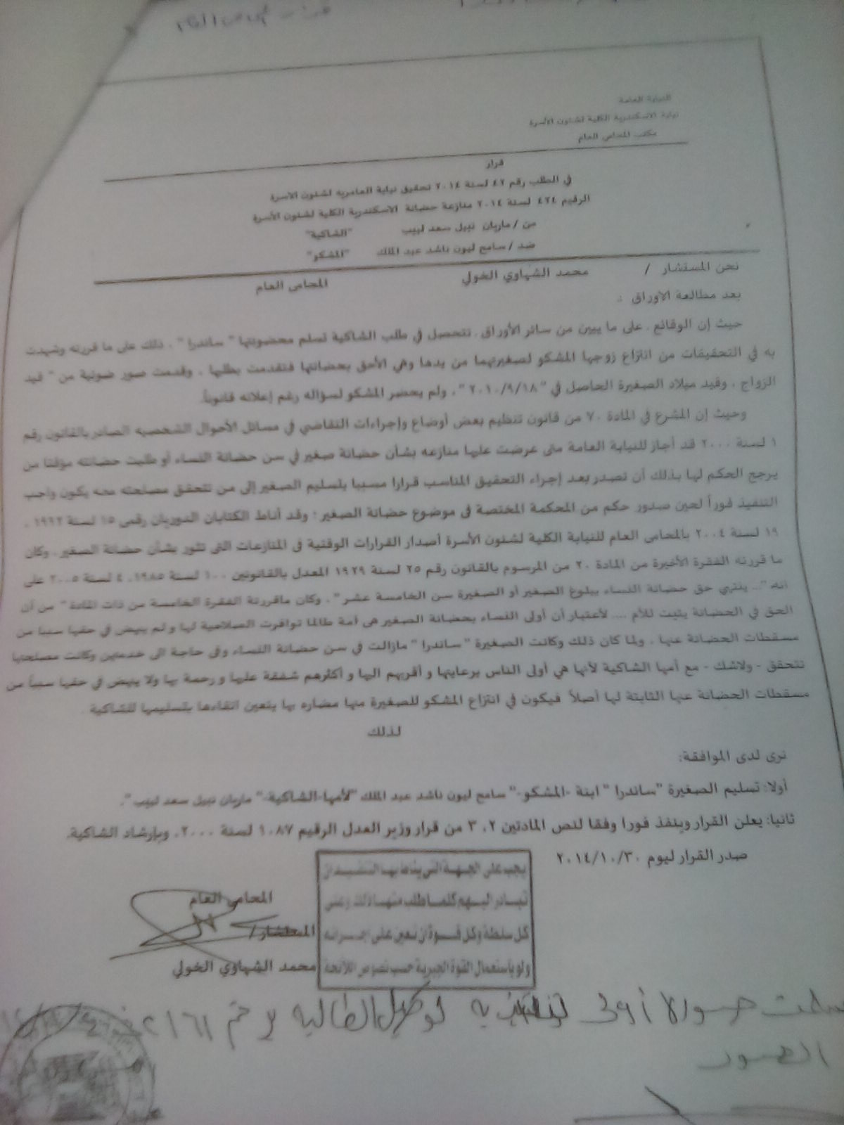 قرار المحامى بضم الطفلة ساندار لوالدتها