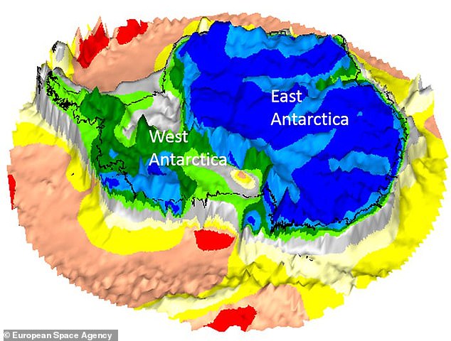 كشفت الدراسة أن غرب أنتاركتيكا (اللون الأخضر) لديه قشرة أرق من شرق القارة القطبية الجنوبية (اللون الأزرق)